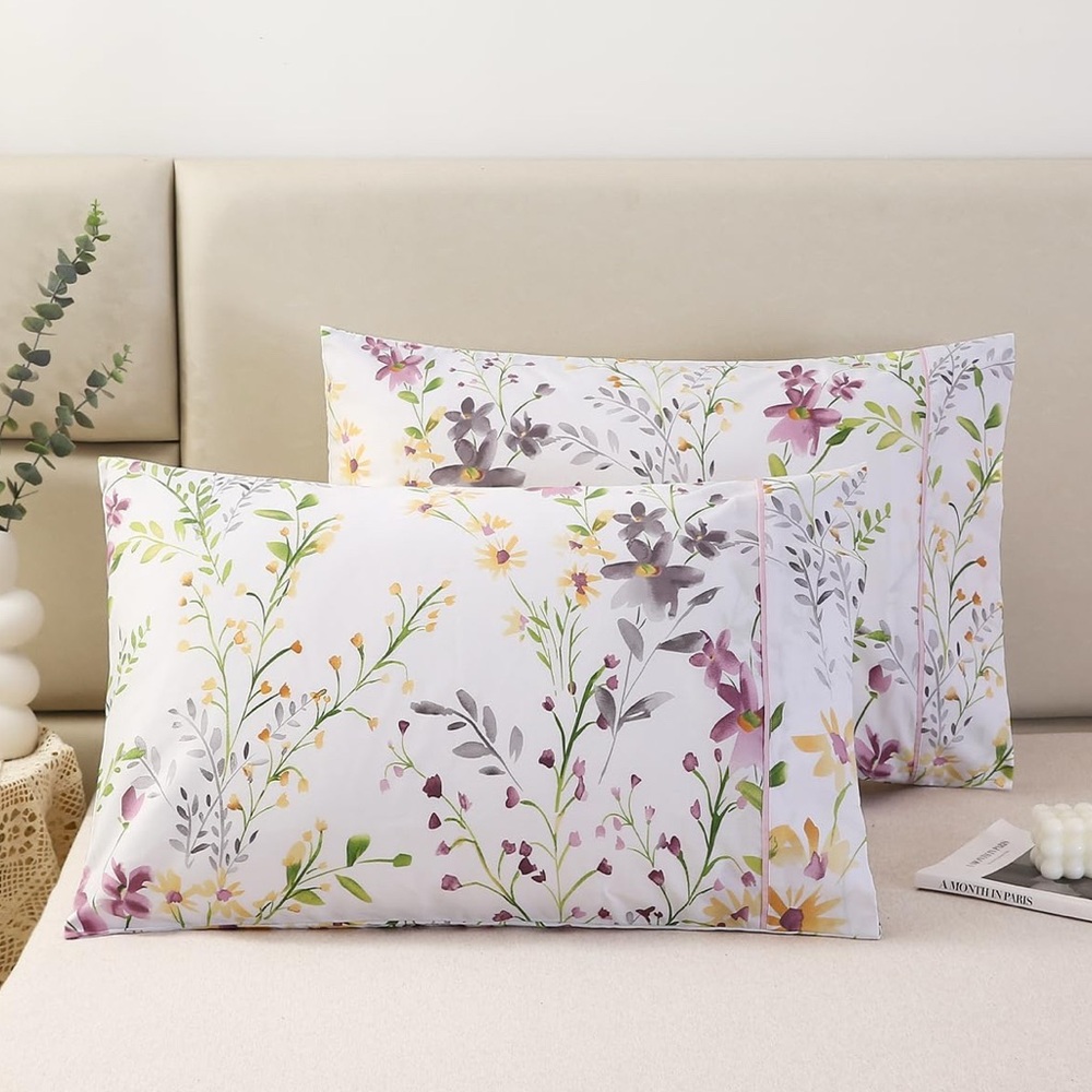 Floral Pillowcase Set - White and Purple